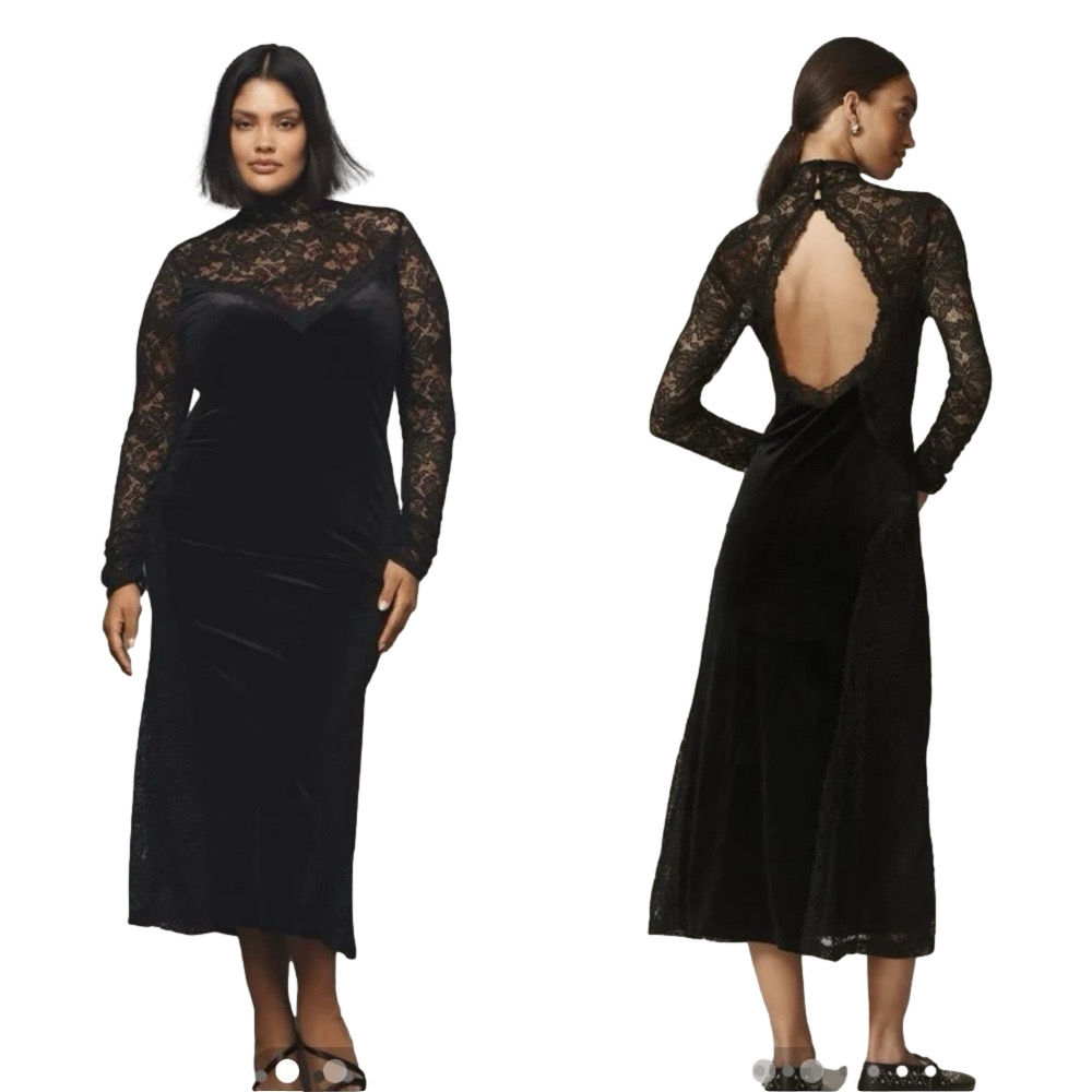 ANTHROPOLOGIE Long-Sleeve Mock-Neck Lace Velvet Slip Midi Dress S whimsigoth